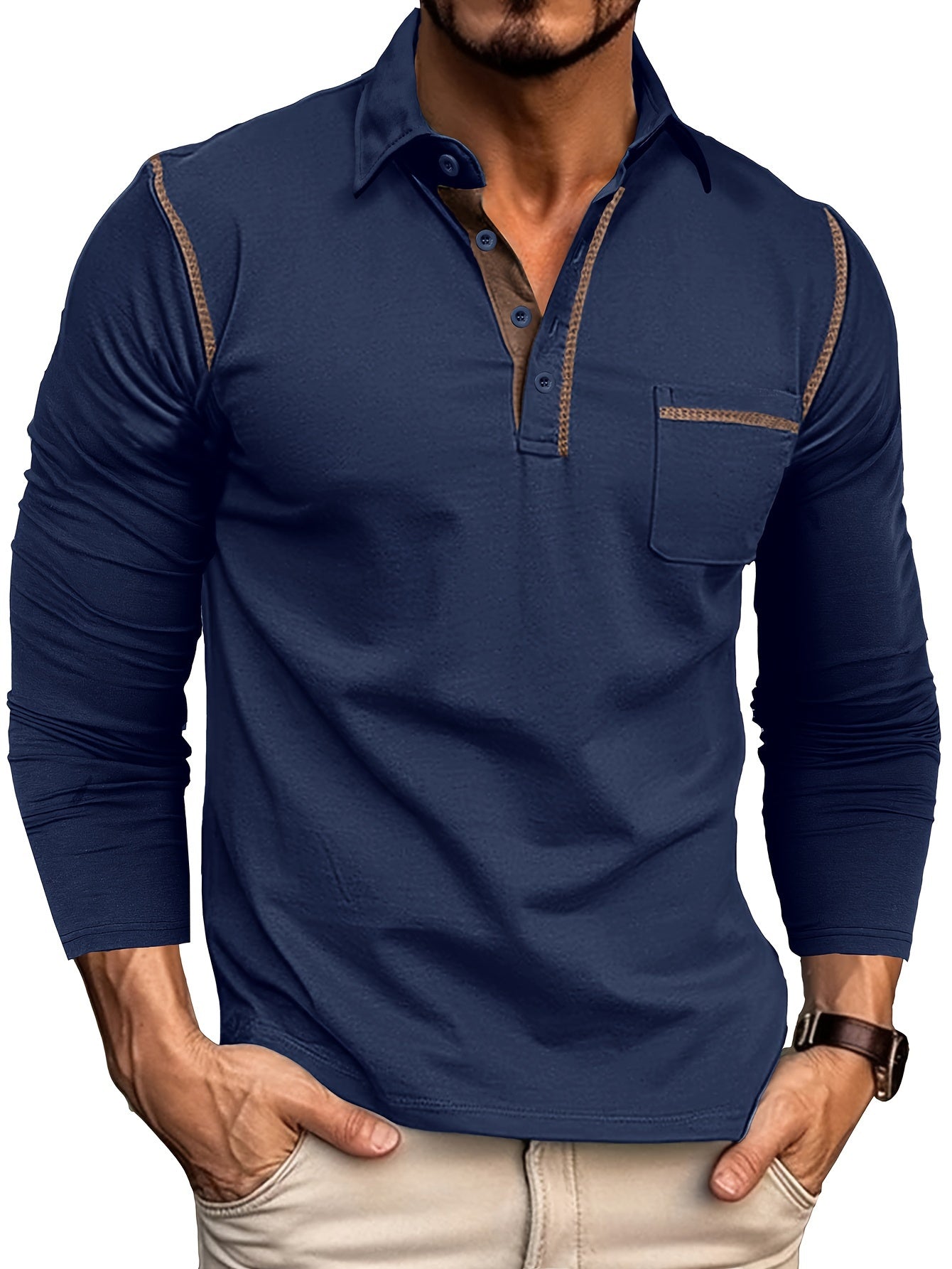 Polo Homme Manches Longues à Col Relevé avec Patte de Boutons et Poches Poitrine Décoratives