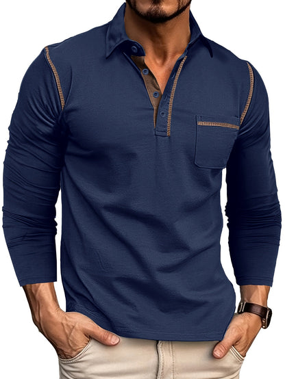Polo Homme Manches Longues à Col Relevé avec Patte de Boutons et Poches Poitrine Décoratives