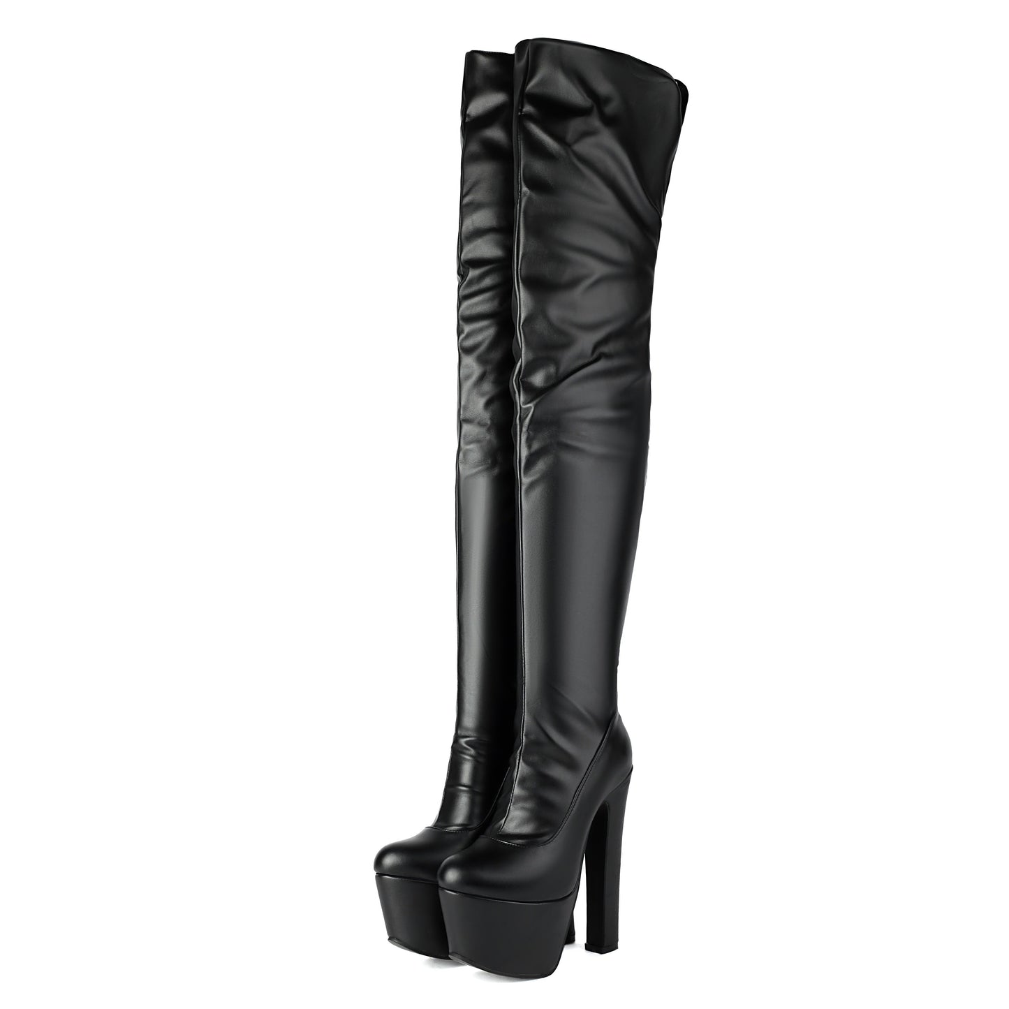 Bottes Noires Cuissardes à Talon Bloc Haut et Plateforme Épaisse