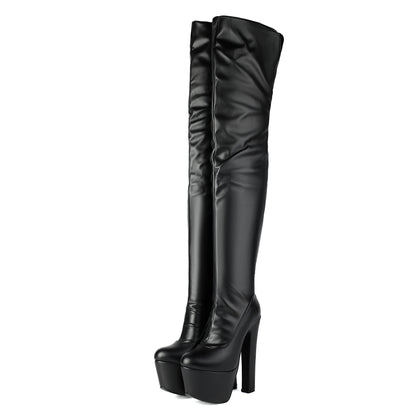 Bottes Noires Cuissardes à Talon Bloc Haut et Plateforme Épaisse
