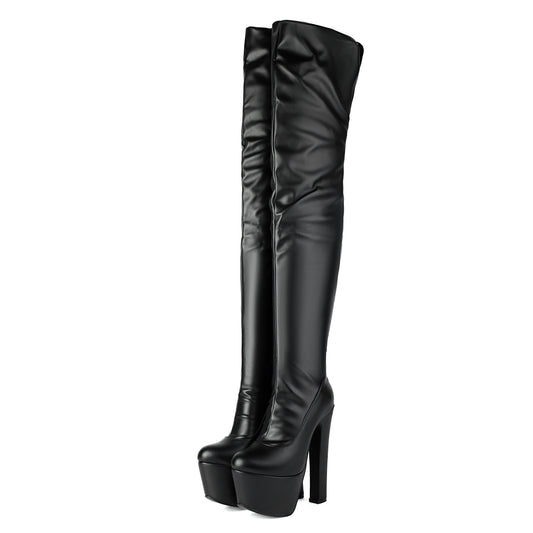 Bottes Noires Cuissardes à Talon Bloc Haut et Plateforme Épaisse