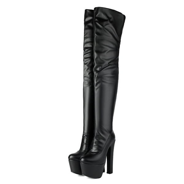Bottes Noires Cuissardes à Talon Bloc Haut et Plateforme Épaisse