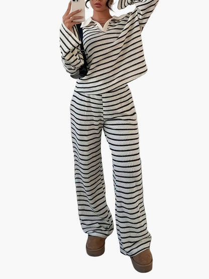 Elegantes Damen-Set mit weitem gestreiftem Pullover und weiter Hose, lässiger Stil für Herbst und Winter