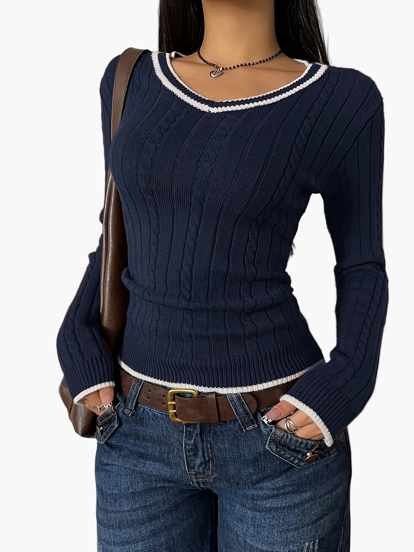 Damtröja med V-ringning och ribbad effekt i casual chic stil