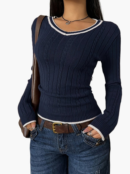 Damtröja med V-ringning och ribbad effekt i casual chic stil