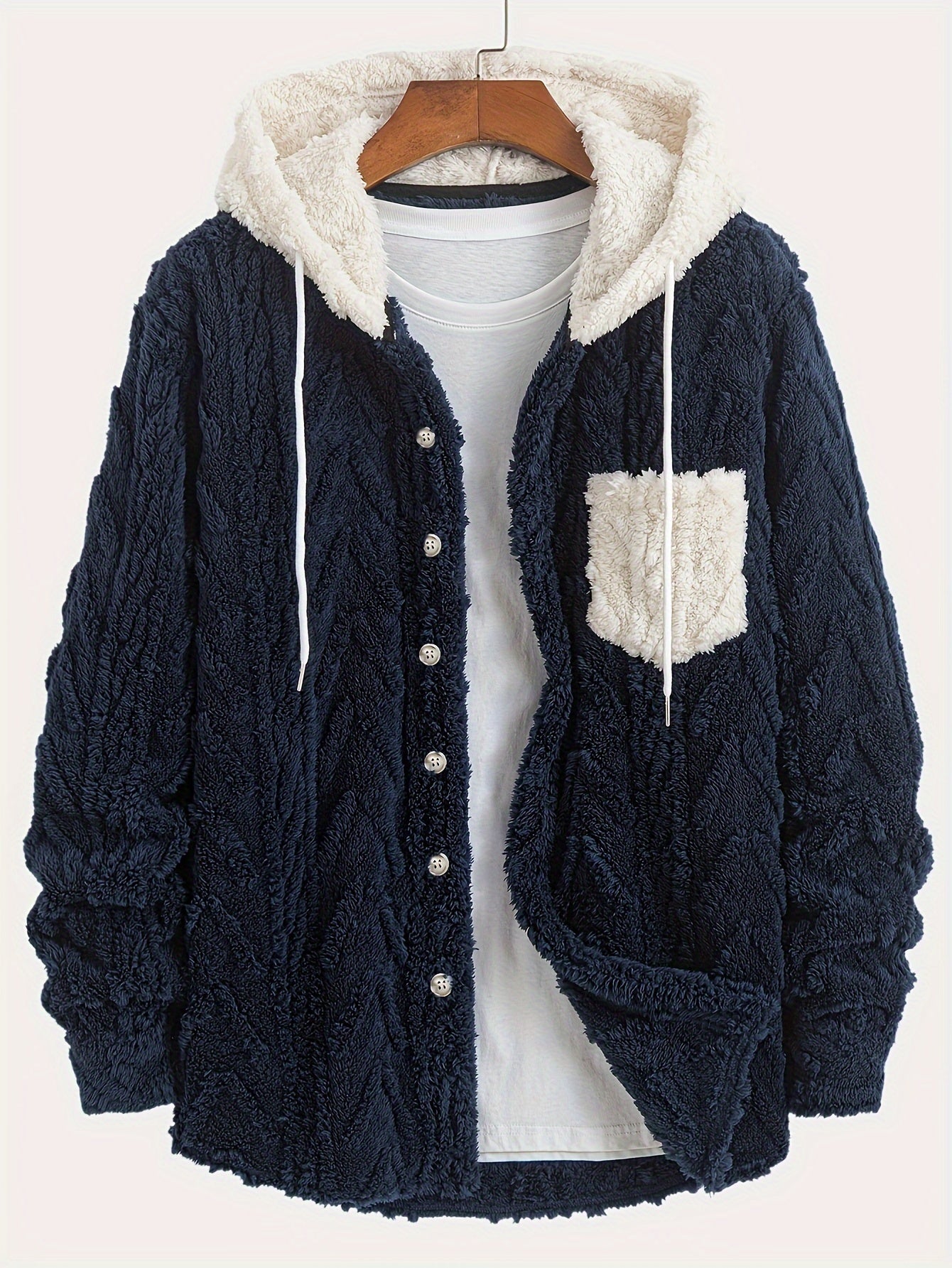 Veste Homme Polaire Sherpa à Capuche Bleu Marine et Poche Poitrine Contrastée