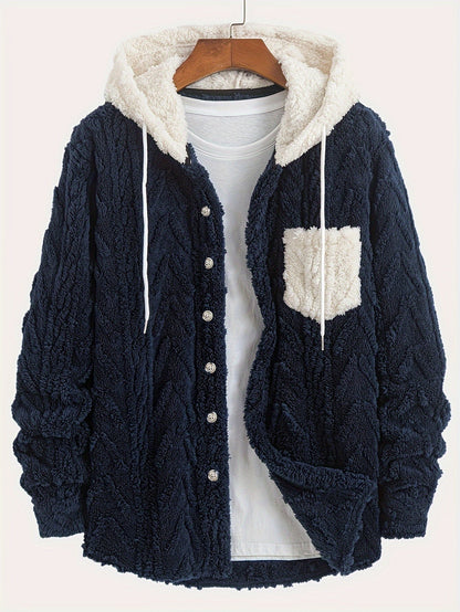 Veste Homme Polaire Sherpa à Capuche Bleu Marine et Poche Poitrine Contrastée