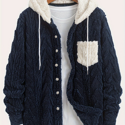 Veste Homme Polaire Sherpa à Capuche Bleu Marine et Poche Poitrine Contrastée
