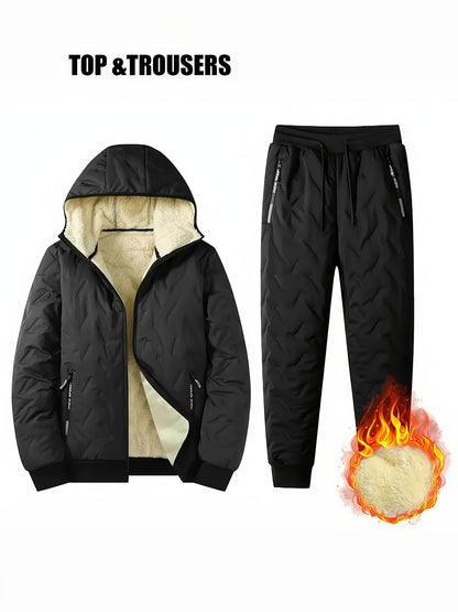 Ensemble Homme Hiver Matelassé Doublure Douce à Capuche - Veste Zippée et Pantalon Jogging