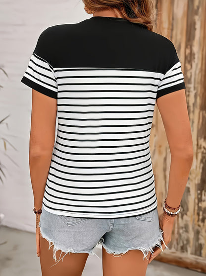 T-shirt damski w stylu marynarskim z krótkim rękawem, elegancki, na co dzień, casualowy