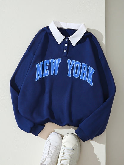 Sweat-shirt col polo bleu marine avec motif "NEW YORK" devant
