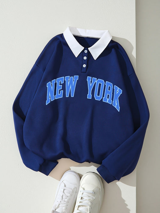 Sweat-shirt col polo bleu marine avec motif "NEW YORK" devant