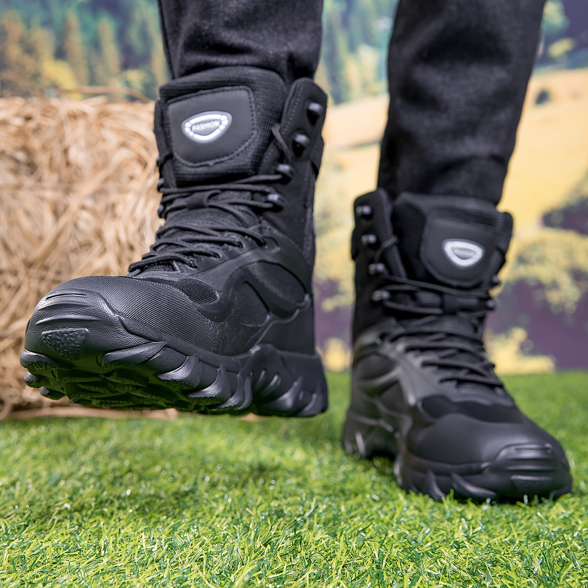 Bottes tactiques montantes noires à lacets et semelle crantée pour homme
