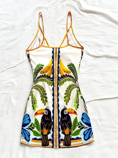 Abito portefeuille tropicale donna stile vacanze con stampa floreale e pappagallo