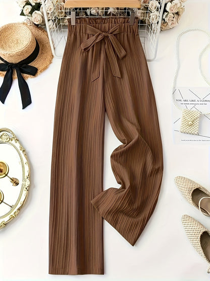 Pantalon large droit à taille élastique avec ceinture nœud pour femme, style élégant décontracté