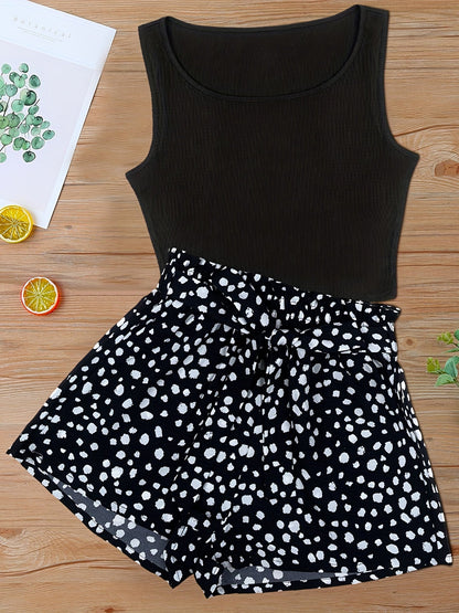 Women's Elegant Style Summer Printed High-Waisted Tank Top and Shorts Set