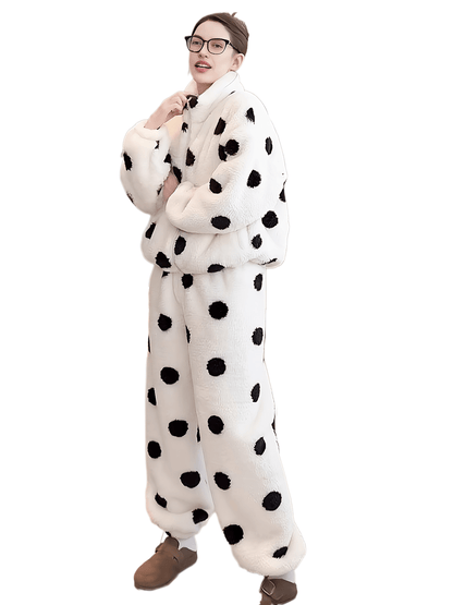 Pyjama Femme Doux Polaire Motif Pois Manches Longues Zip Intégral