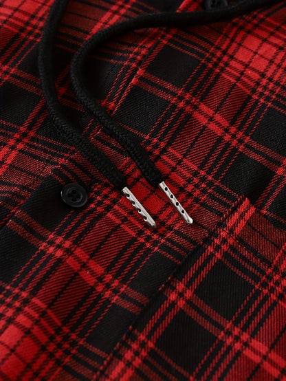 Veste à capuche pour homme motif carreaux rouge et noir style superposé