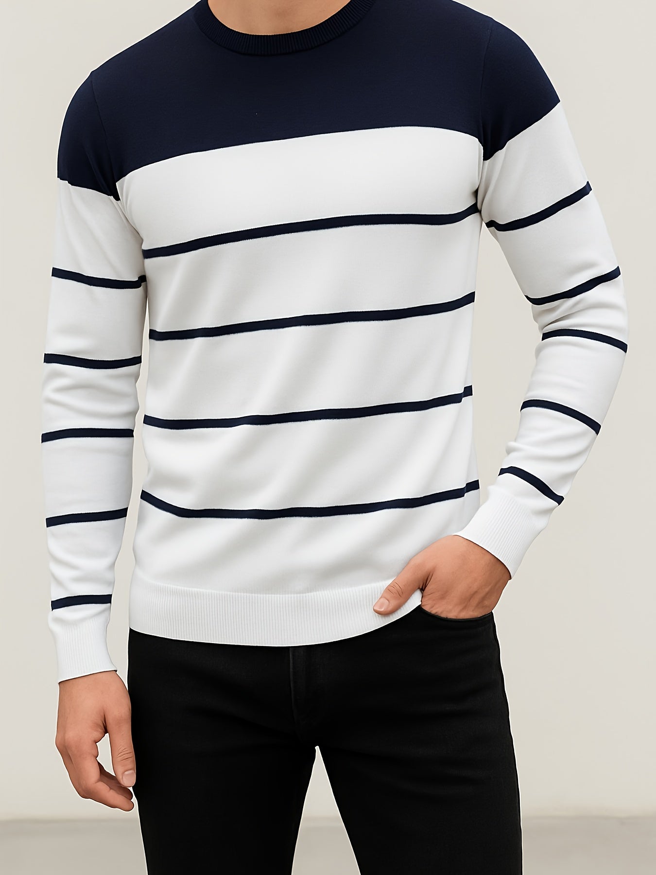 Pull Homme à Col Rond Rayé Vert Blanc Manches Longues Décontracté
