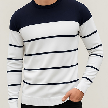 Pull Homme à Col Rond Rayé Vert Blanc Manches Longues Décontracté