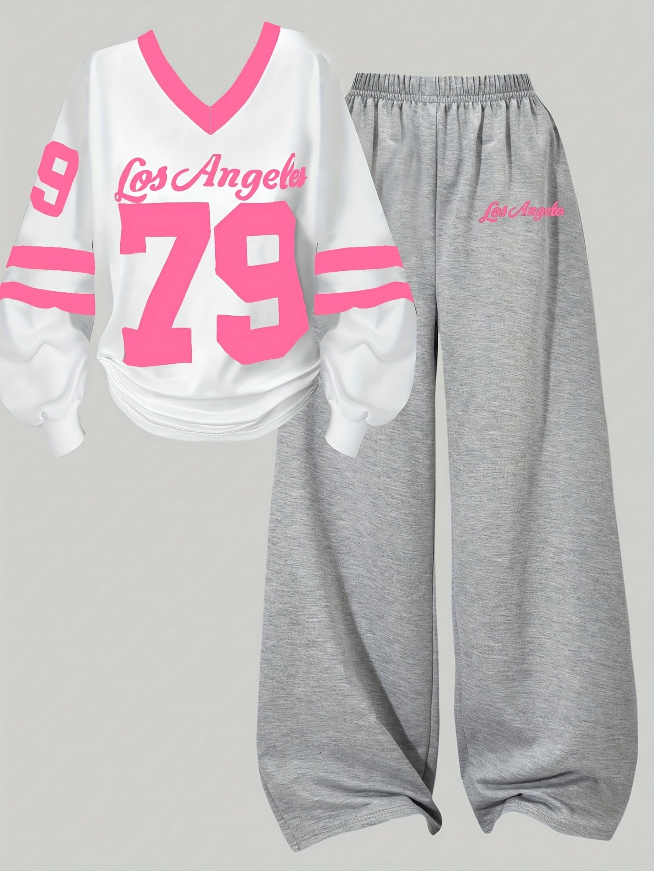 Ensemble Sport Décontracté Femme Col V Manches Longues & Pantalon Large Gris Los Angeles