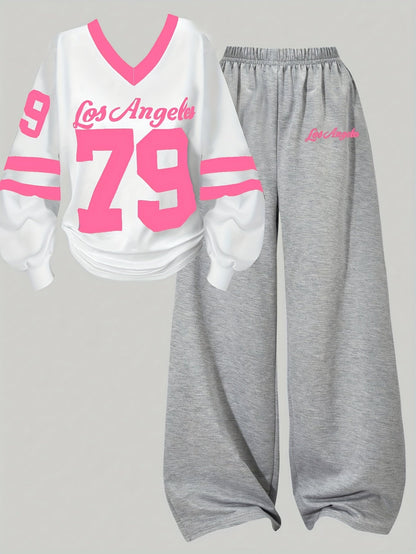 Ensemble Sport Décontracté Femme Col V Manches Longues & Pantalon Large Gris Los Angeles