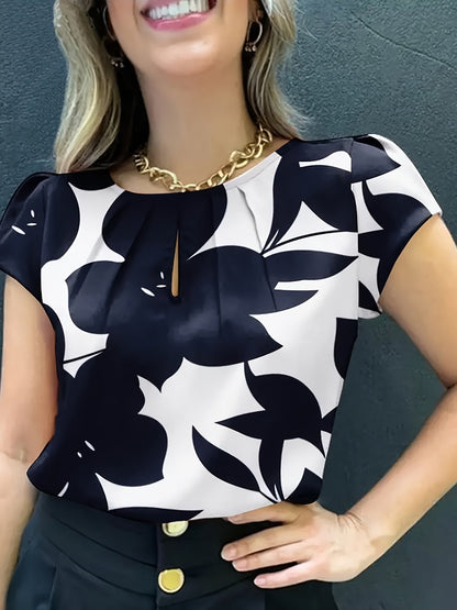 Elegant blus för kvinnor med abstrakt mönster, korta ärmar, chic stil för kontoret och utflykter