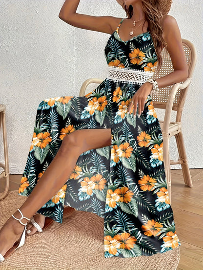 Robe longue fleurie à bretelles style vacances pour femme - Élégante et estivale