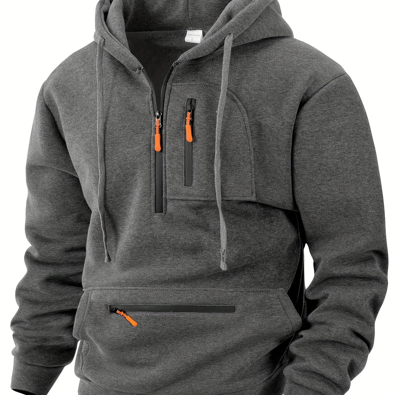 Sweat à Capuche Homme Mi-Zip avec Poches Zippées Devant Kaki