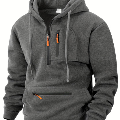 Sweat à Capuche Homme Mi-Zip avec Poches Zippées Devant Kaki