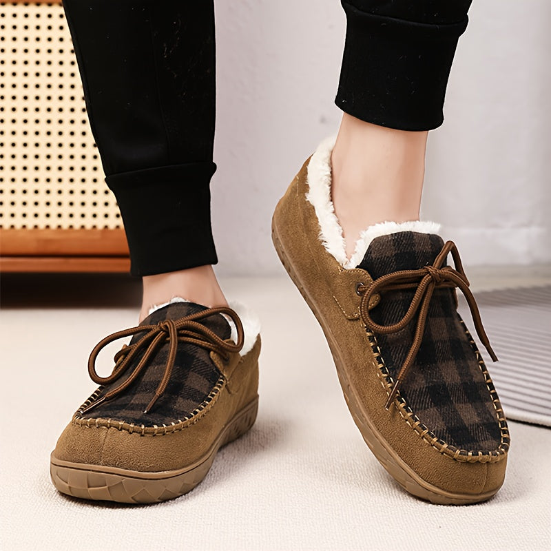 Mocassins Chaussons Doublés à Carreaux Marron pour Homme