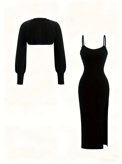 Ensemble Robe Midi Bretelles Fines & Boléro Court Manches Longues Maille Côtelée