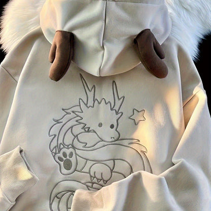 Sweat à Capuche Zippé Unisexe Crème avec Cornes et Motif Dragon Brodé
