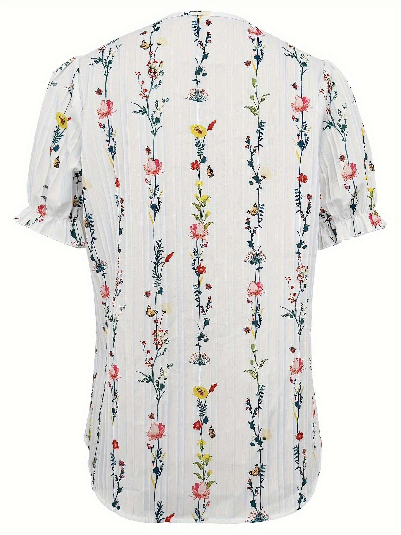 Elegant Women's Blouse with Short Sleeves, Ruffled Collar, Floral Print, Casual Chic Style