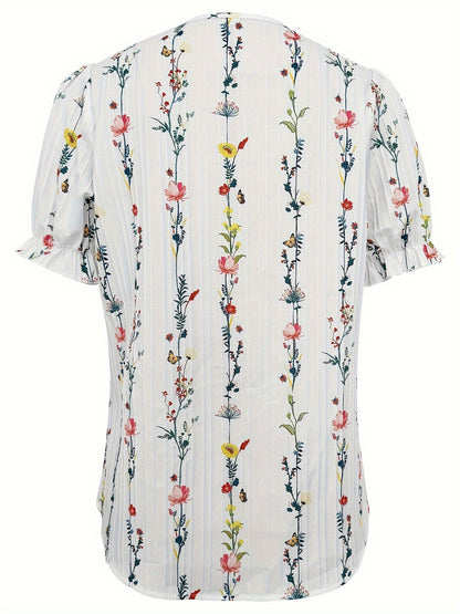 Elegant Women's Blouse with Short Sleeves, Ruffled Collar, Floral Print, Casual Chic Style