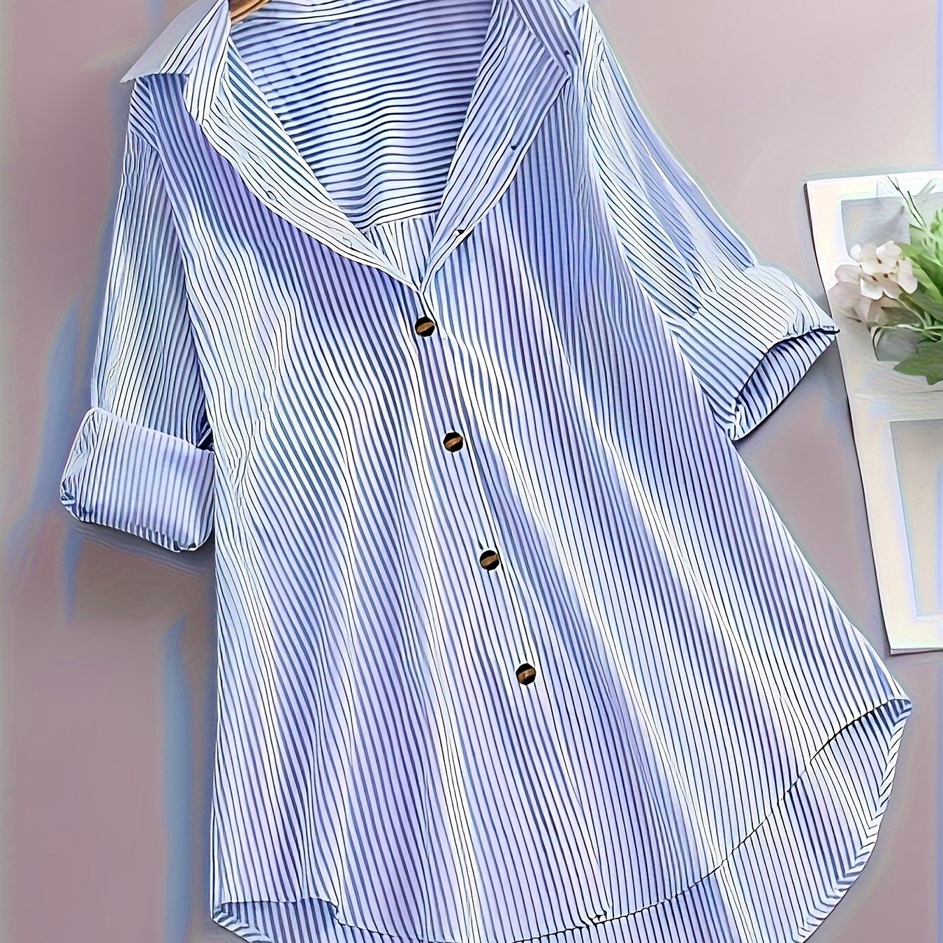 Camicia lunga a righe stile casual da donna, maniche lunghe, ideale per tutti i giorni