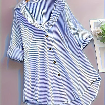 Camicia lunga a righe stile casual da donna, maniche lunghe, ideale per tutti i giorni