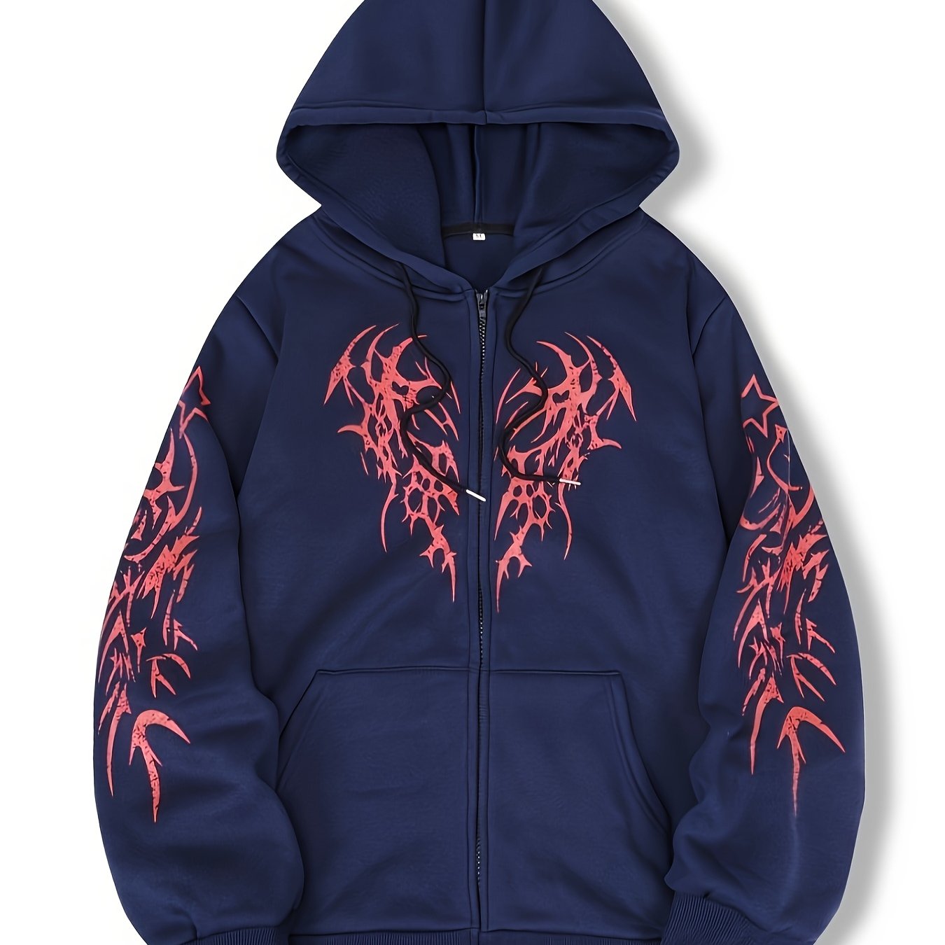 Sweat à capuche zippé noir avec motif tribal rouge manches longues