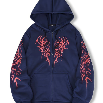 Sweat à capuche zippé noir avec motif tribal rouge manches longues