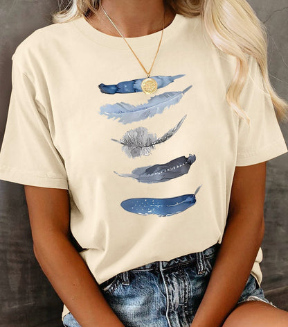 T-shirt Femme Style Décontracté avec Motif Plumes Artisitique – Idéal Pour le Printemps et l'Été