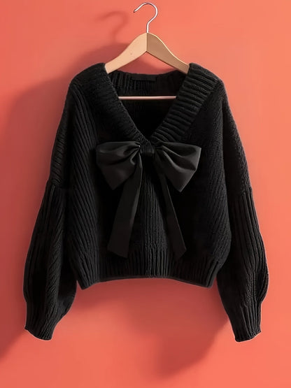Pull en maille côtelée col V avec grand nœud décoratif pour femme