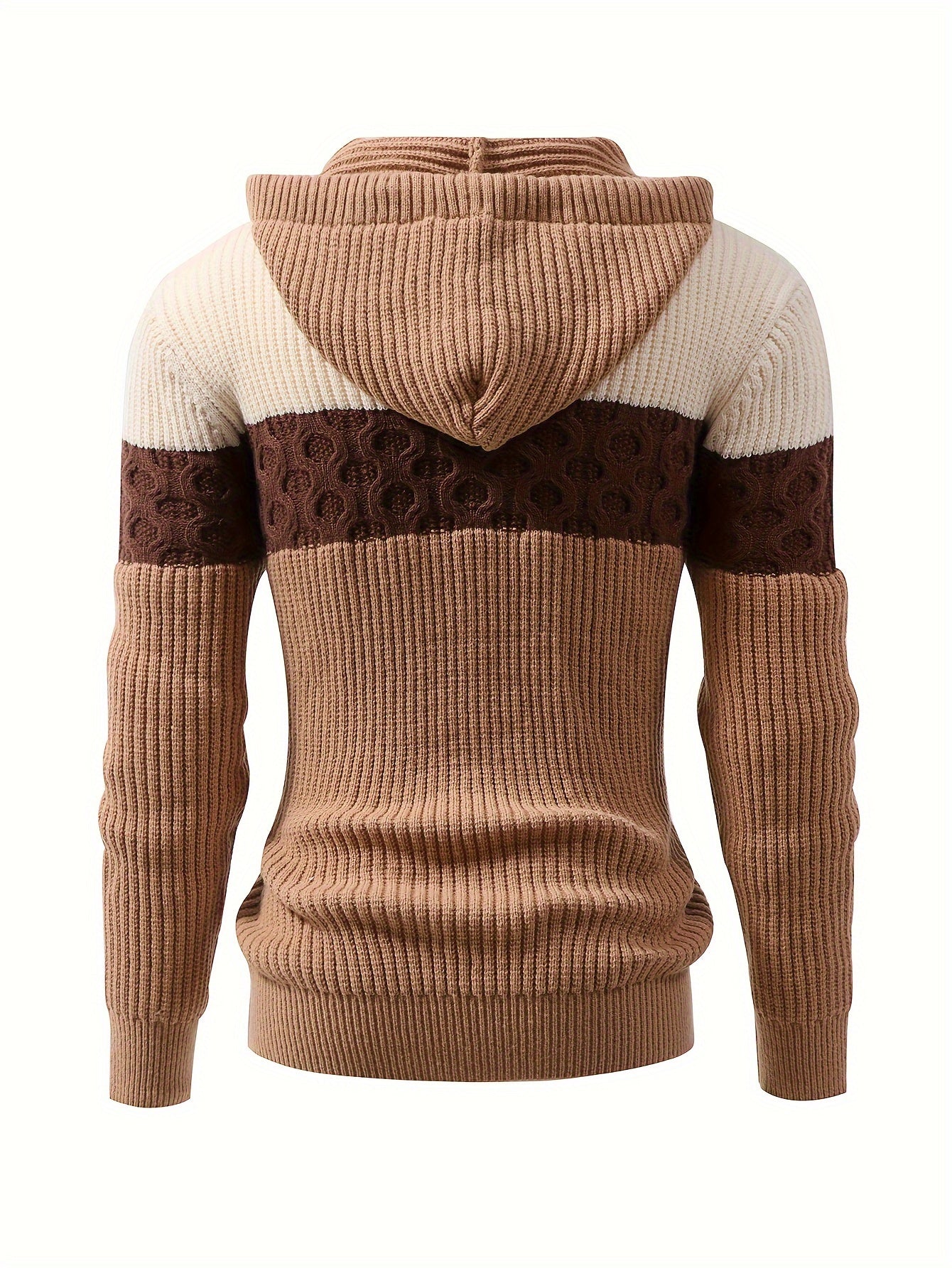 Pull à capuche homme tricoté à rayures, beige, marron et crème, motif torsadé décontracté