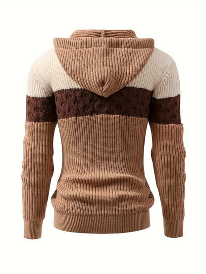 Pull à capuche homme tricoté à rayures, beige, marron et crème, motif torsadé décontracté