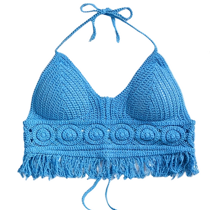 Top donna stile bohémien con frange per l'estate – top all'uncinetto schiena scoperta per festival