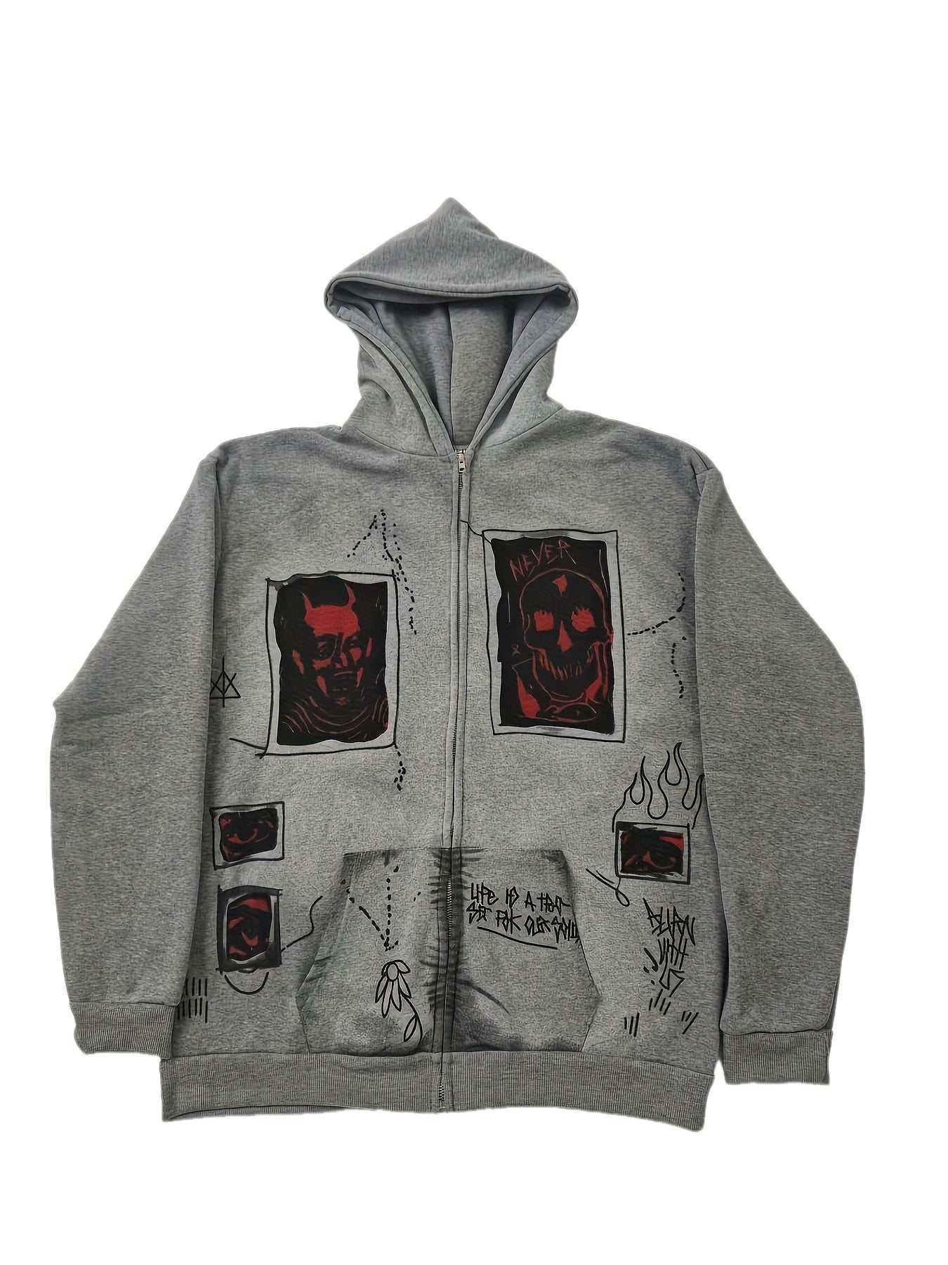 Sweat à Capuche Unisexe Gris Fermeture Éclair Motif Tête de Mort et Visage