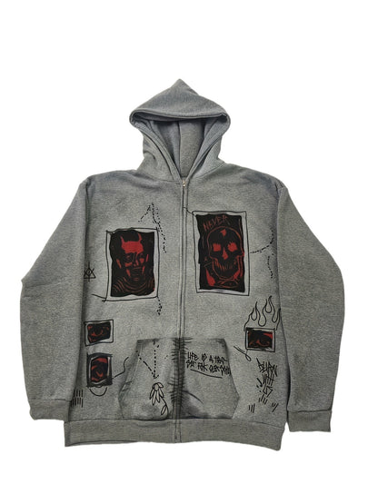 Sweat à Capuche Unisexe Gris Fermeture Éclair Motif Tête de Mort et Visage