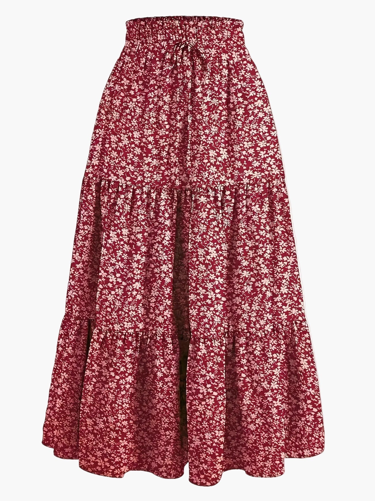 Gonna lunga donna elegante a vita alta con volant, stile primavera estate, ideale per tempo libero e uscite