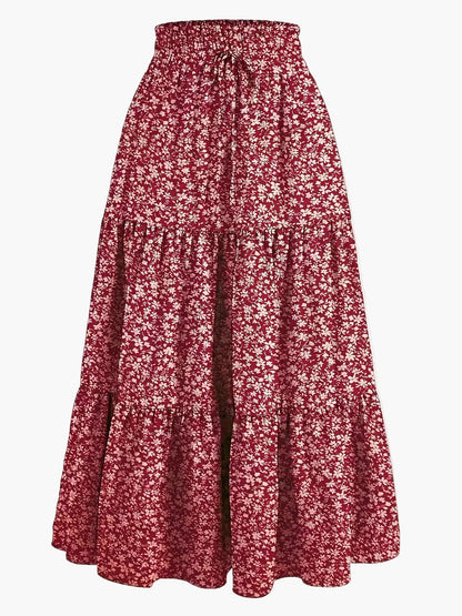 Gonna lunga donna elegante a vita alta con volant, stile primavera estate, ideale per tempo libero e uscite
