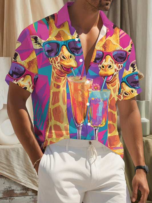 Chemise hawaïenne décontractée pour homme à motif girafe et cocktails – Style estival et original