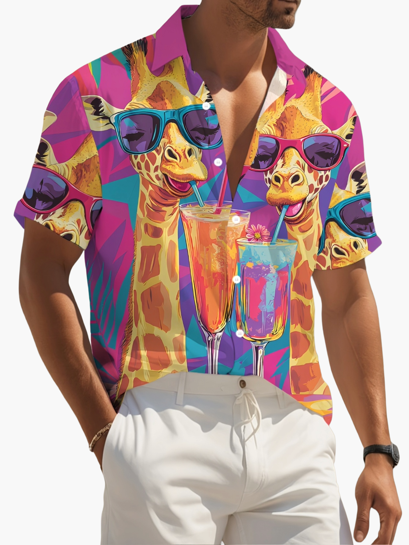 Lässiges hawaiianisches Herren-Hemd mit Giraffen- und Cocktail-Motiv – sommerlich und originell  